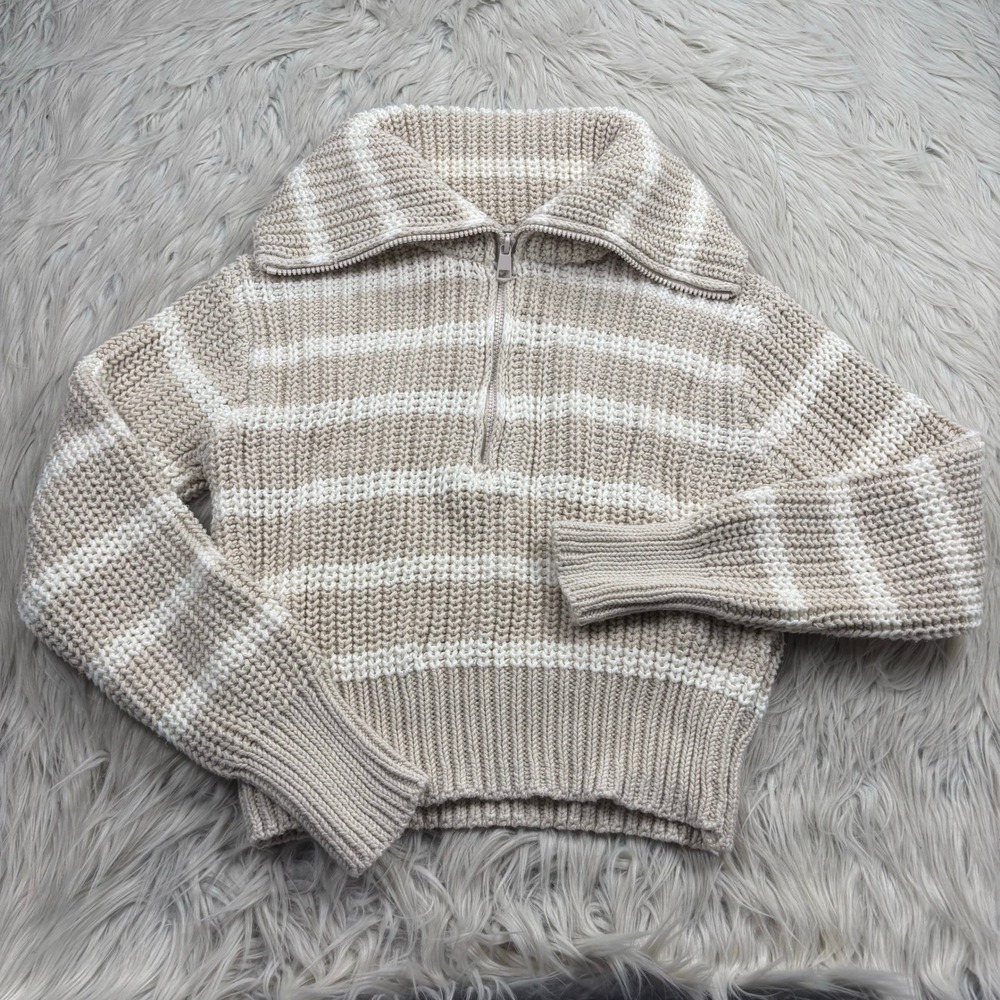 American Eagle Women's XS Biege White Striped Collared Cropped Sweater Coastal